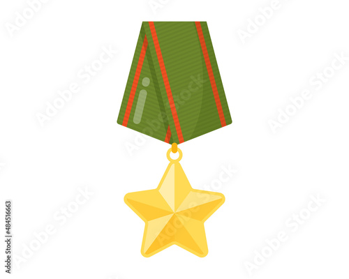 Golden military star award commemorative medal or order for merit, victory or champions with green ribbon.