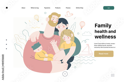 Family health and wellness - medical insurance web template - modern flat vector concept digital illustration of a happy family of parents and children, family medical insurance plan
