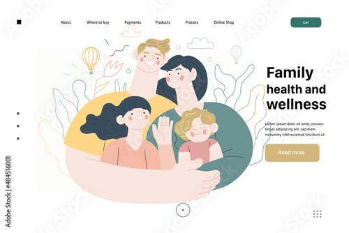 Family health and wellness - medical insurance web template - modern flat vector concept digital illustration of a happy family of parents and children, family medical insurance plan