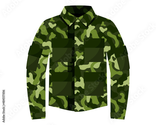 Green khaki camouflage tunic or jacket, military uniform with pockets.