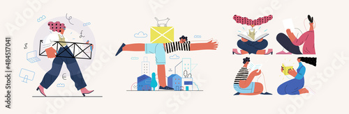 Startup illustrations set. Flat line vector modern concept illustration of people, startup metaphor. Concept of building new business, planning, strategy, teamwork and management. Company processes