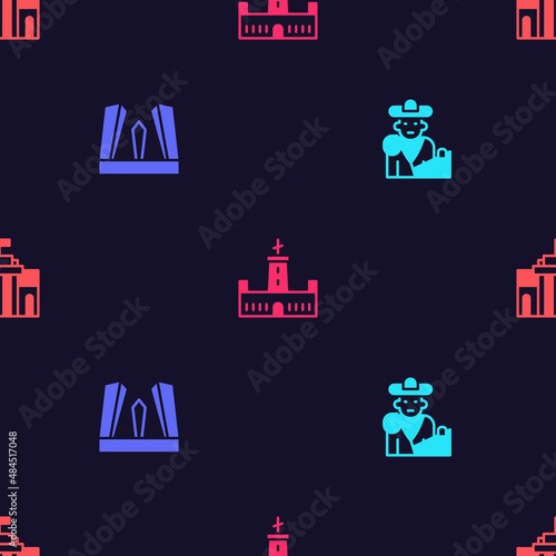 Set Bullfight, matador, Gate of Europe, Montjuic castle and Prado museum on seamless pattern. Vector