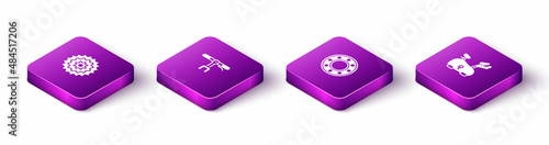 Set Isometric Bicycle cassette, handlebar, ball bearing and Stationary bicycle icon. Vector