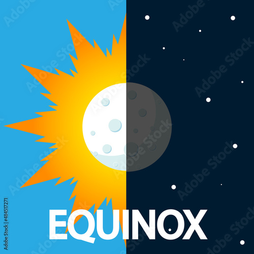Equinox of spring moon and sun day and night, vector art illustration.