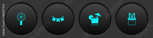 Set Lollipop, Carnival garland with flags, Cocktail and Magician hat rabbit ears icon. Vector