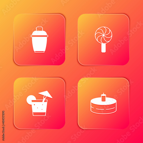 Set Cocktail shaker, Lollipop, and Cake with burning candles icon. Vector