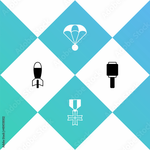 Set Rocket launcher, Military reward medal, Parachute and Anti-tank hand grenade icon. Vector