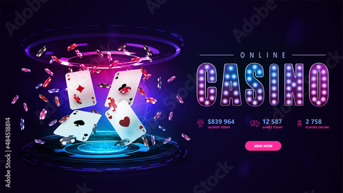 Online casino, banner with button, Casino playing cards with poker chips and hologram of digital rings in dark empty scene