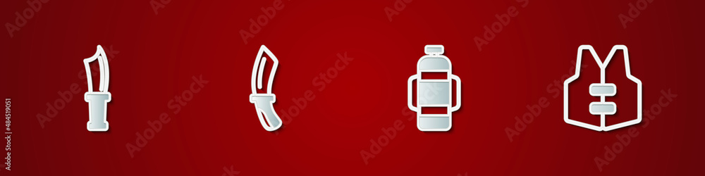 Set Diving knife, , Aqualung and Life jacket icon. Vector Set Diving knife, , Aqualung and Life jacket icon. Vector