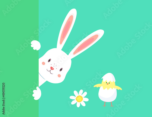 Easter rabbit, easter Bunny.Colorful greeting card with rabbit, bunny, chamomile and chicken on isolated green background.Vector illustration.