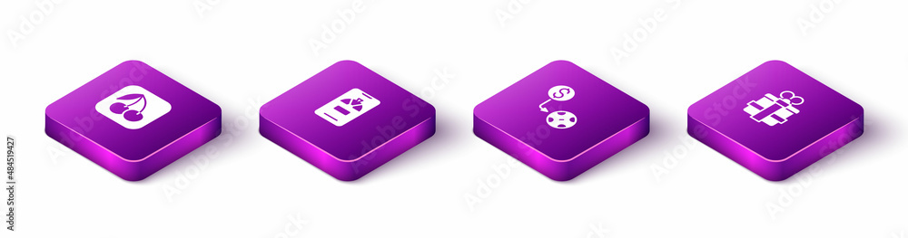 Set Isometric Slot machine with cherry, Lucky wheel on phone, Casino chips exchange and Gift box icon. Vector Set Isometric Slot machine with cherry, Lucky wheel on phone, Casino chips exchange and Gift box icon. Vector