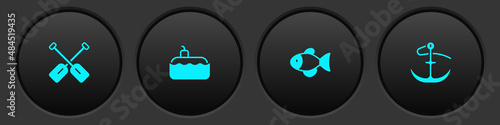 Set Paddle, Submarine, Fish and Anchor icon. Vector