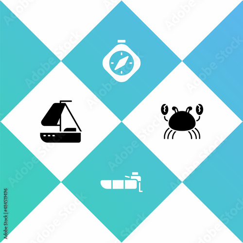 Set Yacht sailboat, Inflatable with motor, Compass and Crab icon. Vector