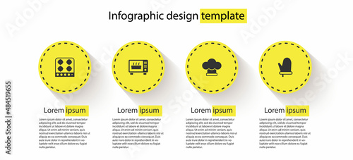 Set Gas stove, Microwave oven, Chef hat and Oven glove. Business infographic template. Vector