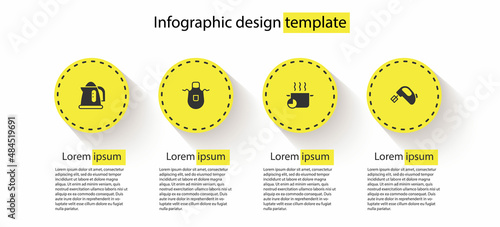 Set Electric kettle, Kitchen apron, Cooking pot and mixer. Business infographic template. Vector