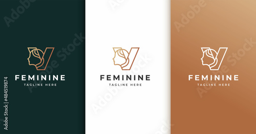 Minimalist letter v feminine logo design with luxury lines woman's face