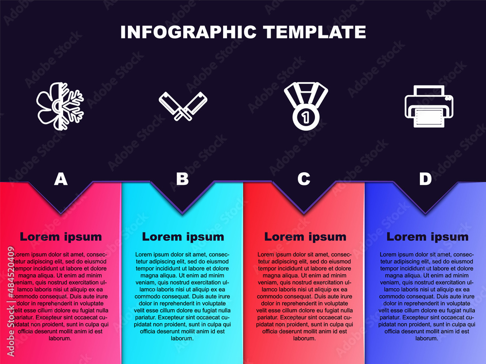 Set line Air conditioner, Crossed meat chopper, Medal and Printer. Business infographic template. Vector Set line Air conditioner, Crossed meat chopper, Medal and Printer. Business infographic template. Vector