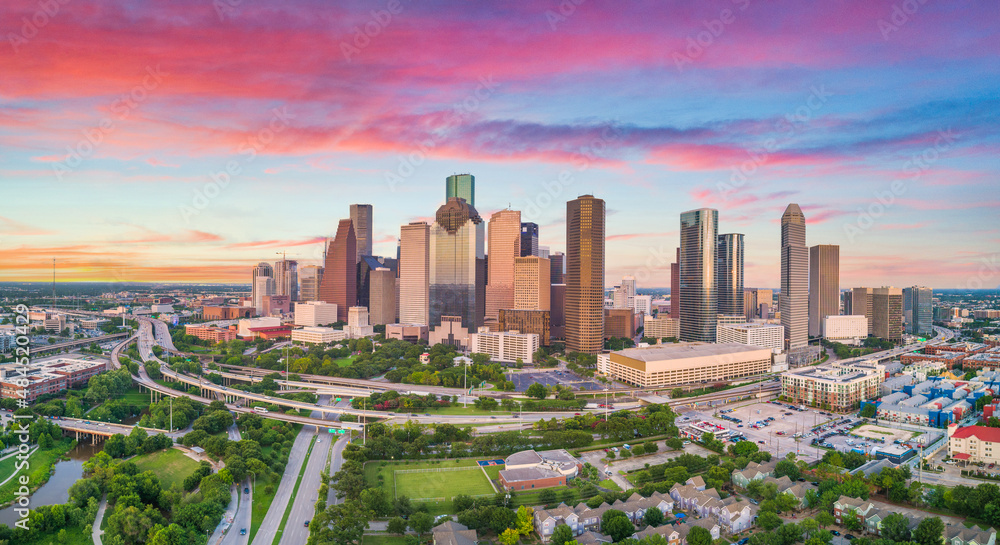 Downtown Houston, Texas, USA Drone Skyline Aerial Panorama - obrazy, fototapety, plakaty 