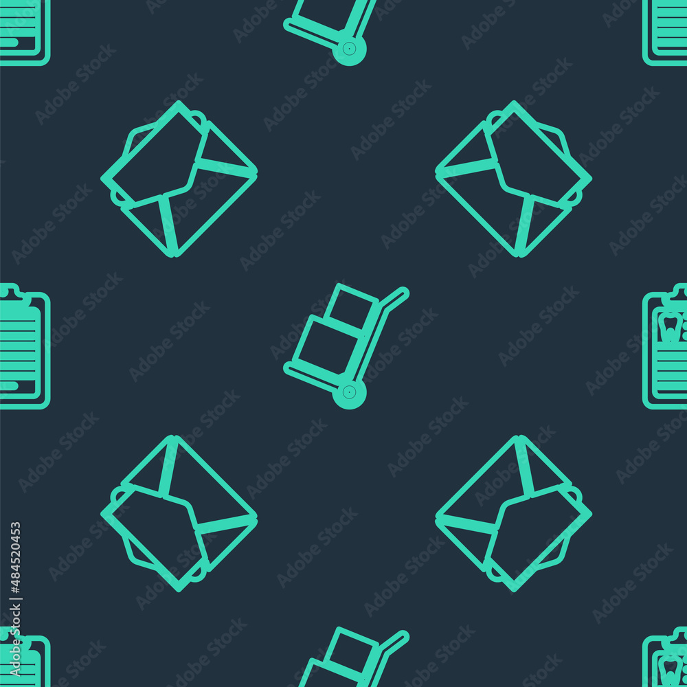 Set line Hand truck and boxes, Mail e-mail and Clipboard with dental card on seamless pattern. Vector Set line Hand truck and boxes, Mail e-mail and Clipboard with dental card on seamless pattern. Vector