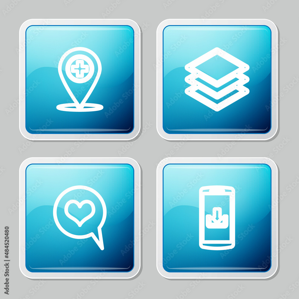 Set line Medical location with cross, Layers, Heart in speech bubble and Smartphone download icon. Vector Set line Medical location with cross, Layers, Heart in speech bubble and Smartphone download icon. Vector