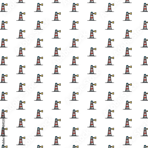 Vector lighthouse, beacon, warning sign, navigation, seamark pattern with various icons.