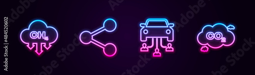 Set line Methane emissions reduction, Share, Car sharing and CO2 cloud. Glowing neon icon. Vector