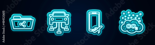 Set line Share folder, Car sharing, Flight mode the mobile and CO2 emissions cloud. Glowing neon icon. Vector