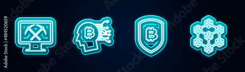 Set line Mining with monitor and pickaxe, Bitcoin think, Shield bitcoin and Blockchain technology. Glowing neon icon. Vector