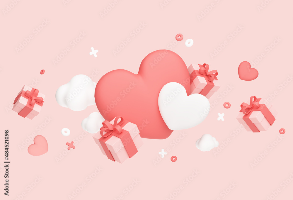 Happy Valentine's Day banner with hearts and gifts. Romantic poster with falling present box. Mockup for greeting card. 3D Rendering