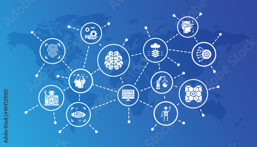 Artificial Intelligence promotion icons illustration. Robotics, Chatbot, Database, Big Data line icons banner. Vector illustration in thin line style.