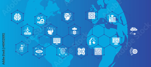 Artificial Intelligence website vector design. Robotics, Chatbot, Database, Big Data promotion illustration icon concept.
