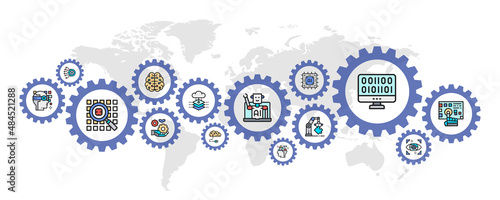 Artificial Intelligence banner with colored web icons . Robotics, Chatbot, Database, Big Data concept banner background.