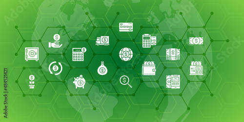 Money and Banking infographic banner with icon elements. Credit Card, Currency Exchange, Atm, Terminal vector illustration for header website banner.