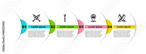 Set line Grilled shish kebab, Barbecue fork, Location with barbecue and Crossed hot chili pepper pod. Business infographic template. Vector