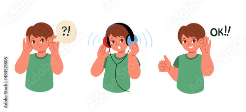 Boy is deaf.Hearing exam for children.Vector flat illustration