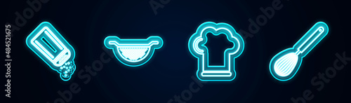 Set line Salt and pepper, Kitchen colander, Chef hat and whisk. Glowing neon icon. Vector