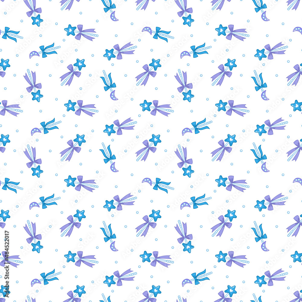 Seamless pattern with cute magic wands decorated with blue star and moon. Magical children's print for clothes and cards. Vector illustration in a minimalistic flat style.