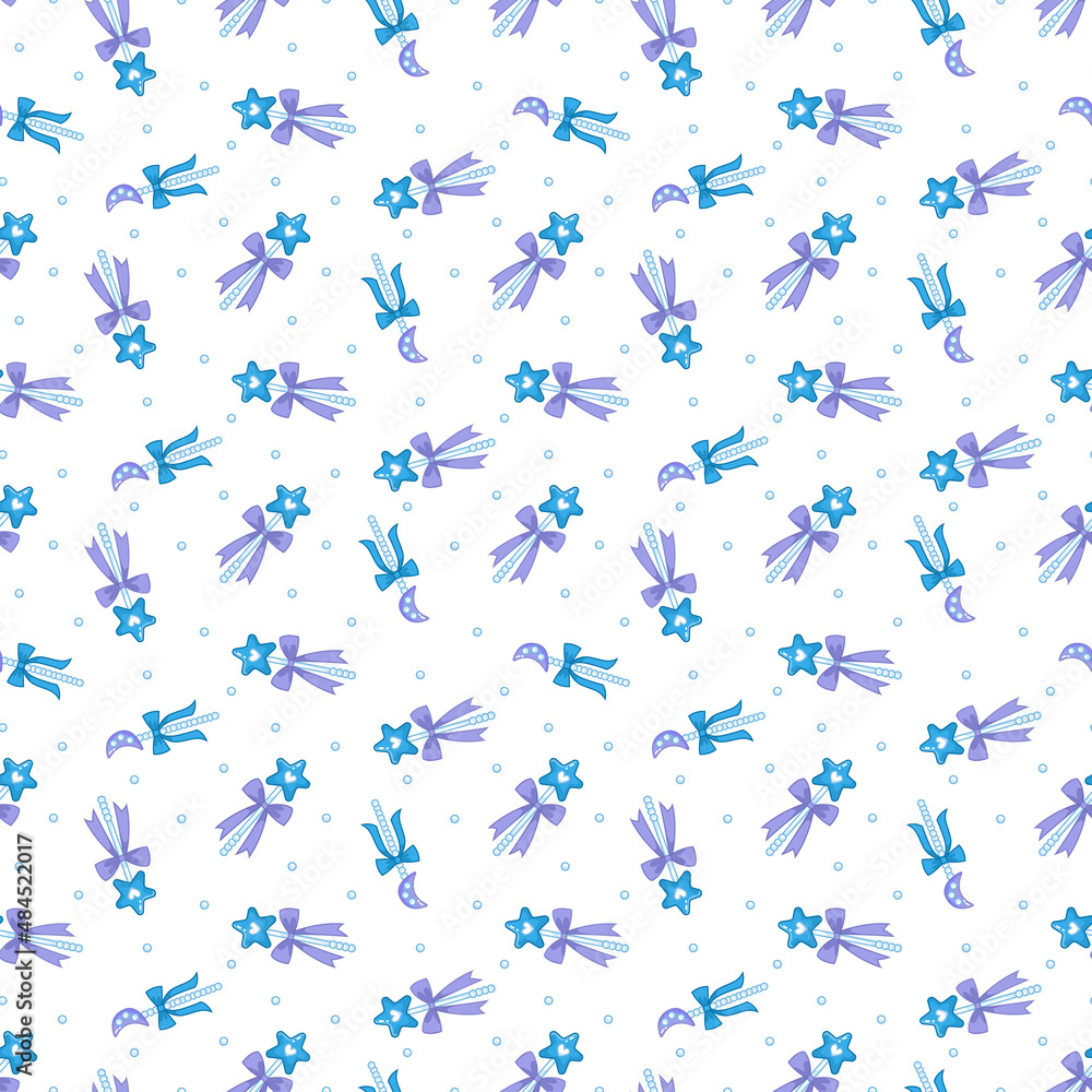 Seamless pattern with cute magic wands decorated with blue star and moon. Magical children's print for clothes and cards. Vector illustration in a minimalistic flat style. Seamless pattern with cute magic wands decorated with blue star and moon. Magical children's print for clothes and cards. Vector illustration in a minimalistic flat style.