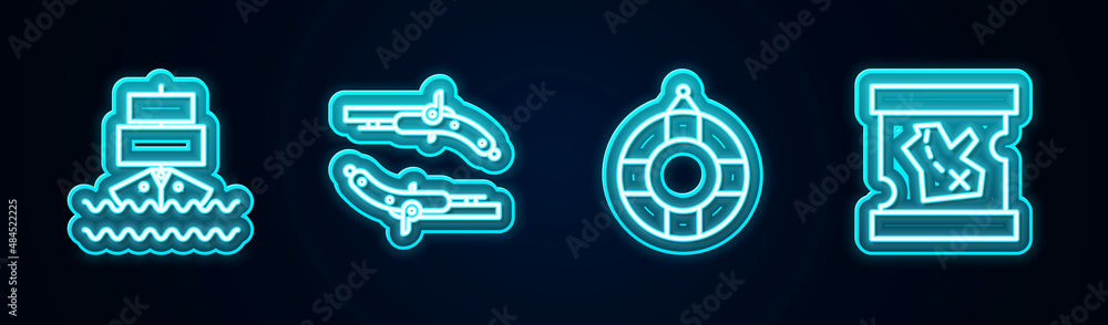Set line Ship, Vintage pistols, Lifebuoy and Pirate treasure map. Glowing neon icon. Vector
