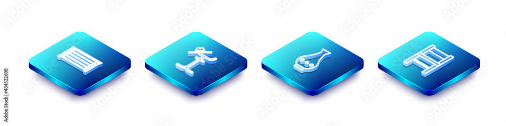 Set Isometric line Chest of drawers, Coat stand, Vase and Chair icon. Vector Set Isometric line Chest of drawers, Coat stand, Vase and Chair icon. Vector