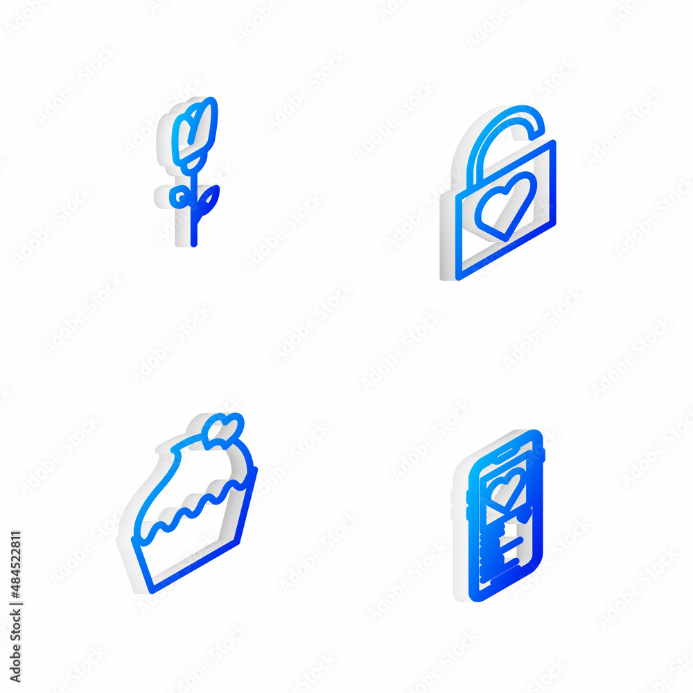 Set Isometric line Lock and heart, Flower rose, Wedding cake with and Mobile icon. Vector Set Isometric line Lock and heart, Flower rose, Wedding cake with and Mobile icon. Vector