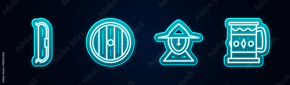 Set line Medieval bow, Round wooden shield, iron helmet and Wooden mug. Glowing neon icon. Vector Set line Medieval bow, Round wooden shield, iron helmet and Wooden mug. Glowing neon icon. Vector