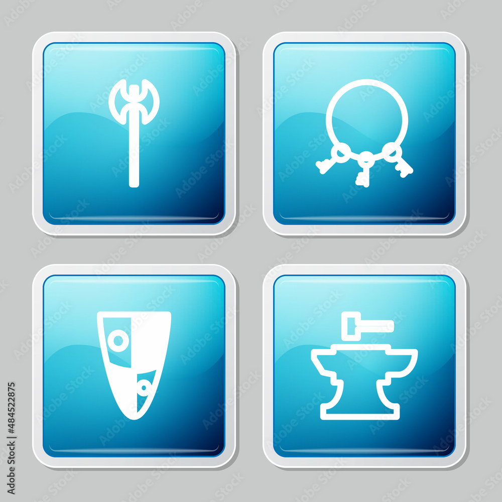 Set line Medieval axe, Old keys, Shield and Anvil for blacksmithing hammer icon. Vector Set line Medieval axe, Old keys, Shield and Anvil for blacksmithing hammer icon. Vector