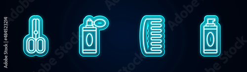 Set line Scissors hairdresser, Aftershave bottle with atomizer, Hairbrush and Shaving gel foam. Glowing neon icon. Vector