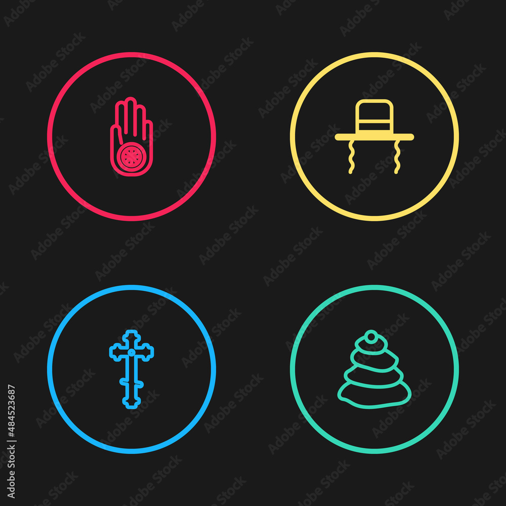 Set line Christian cross, Stack hot stones, Orthodox jewish hat with sidelocks and Jainism or Jain Dharma icon. Vector Set line Christian cross, Stack hot stones, Orthodox jewish hat with sidelocks and Jainism or Jain Dharma icon. Vector