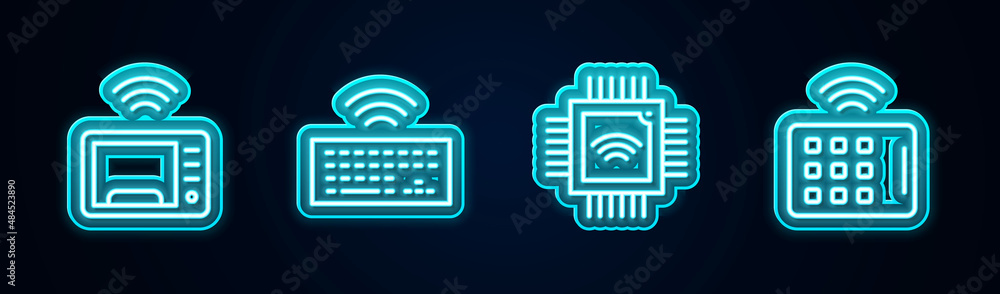 Set line Smart microwave oven, Wireless keyboard, Processor with microcircuits CPU and tablet. Glowing neon icon. Vector