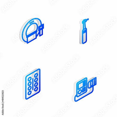 Set Isometric line Tooth drill  Tomography  Pills in blister pack and Blood pressure icon. Vector