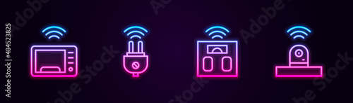 Set line Smart microwave oven, electric plug, bathroom scales and security camera. Glowing neon icon. Vector
