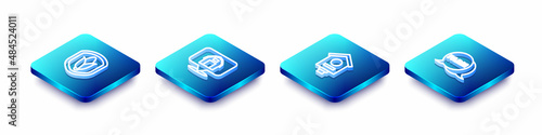 Set Isometric line Shield corn, Location farm house, Bird and Speech bubble with Farm icon. Vector