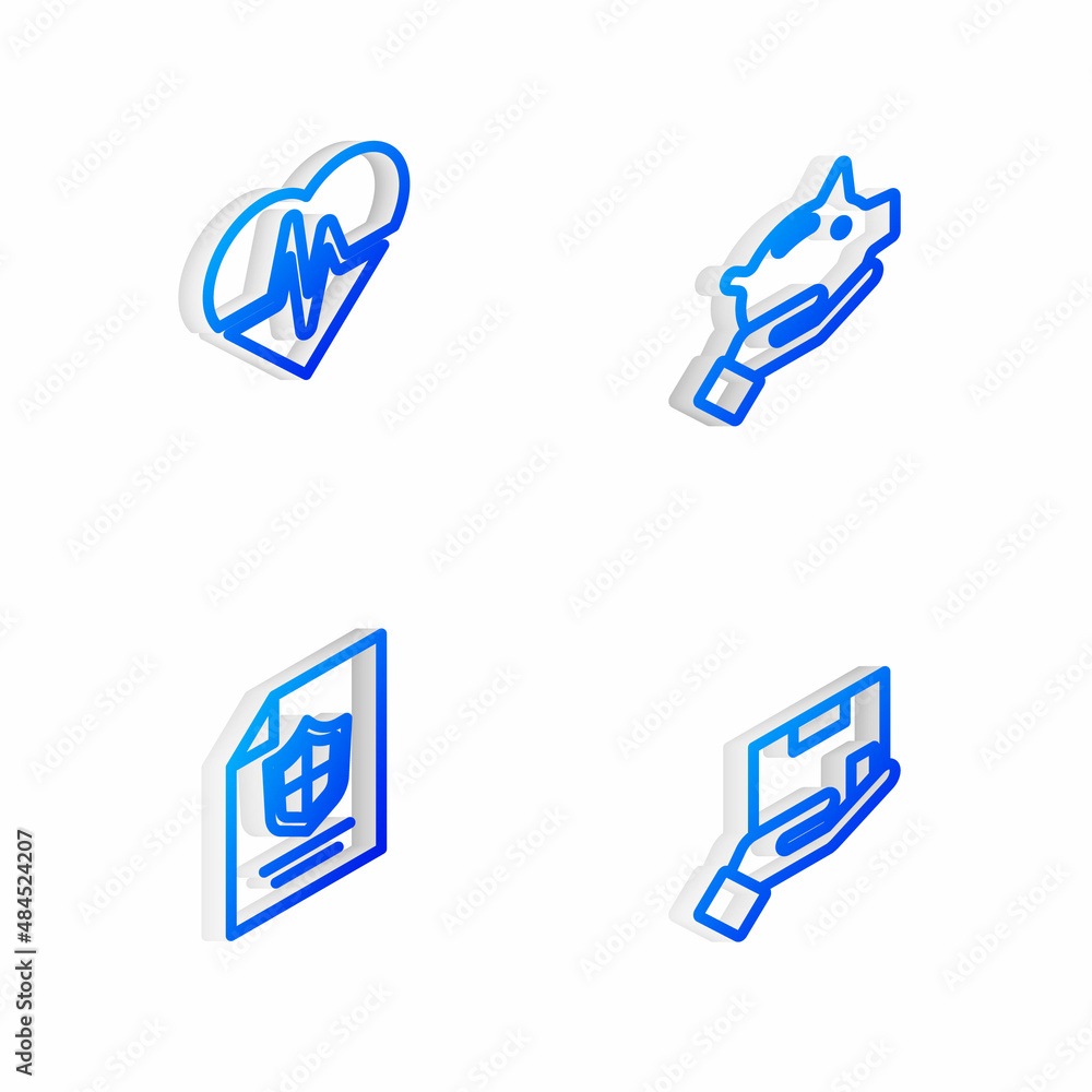 Set Isometric line Piggy bank, Health insurance, Contract with shield and Delivery icon. Vector Set Isometric line Piggy bank, Health insurance, Contract with shield and Delivery icon. Vector